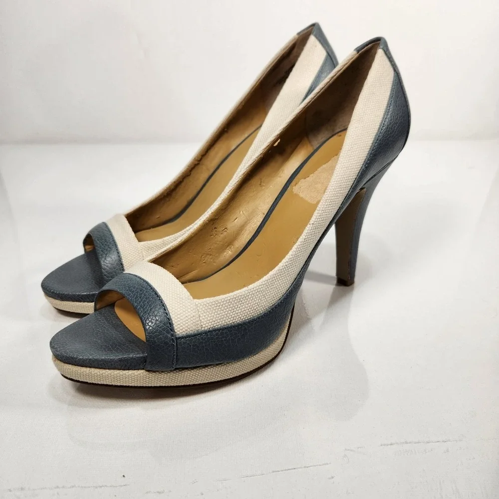 Nine West Duanao Womens Heels Blue / White Textile Leather Size US 9.5M